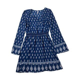 Xhilaration Target Blue/Navy & White Floral Print Long Sleeve Dress. Size Medium